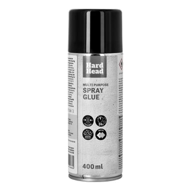 Silver och svart Hard Head Multi-Purpose Spray Glue-burk, 400 ml, med ikoner för flexibel, vattenavvisande, torkar vitt på 24 timmar.