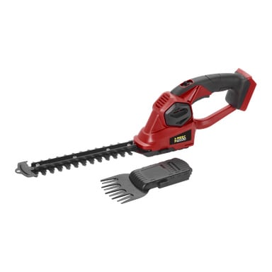 En Meec Tools Multiseries Multi-trimmer HT-18V EASY 100 visas, med en sladdlös röd och svart design, bladskydd, avtagbar gräsklippanordning och uppladdningsbart batteri.