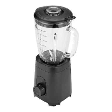 En svart mixer med en klar glaskanna med 1500 ml-markeringar, handtag, lock med mittöppning och en kontrollratt.
