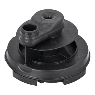 Svart plastdiffusorplatta för hydroforpump med cirkulär bas, upphöjd cylinder, vinklad pip på toppen och spårad stödstruktur.