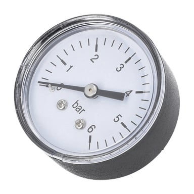 En rund analog hydroforpumpmätare visar 0–6 bar, med en svart nål strax över 0. Genomskinligt lock skyddar den vita urtavlan.