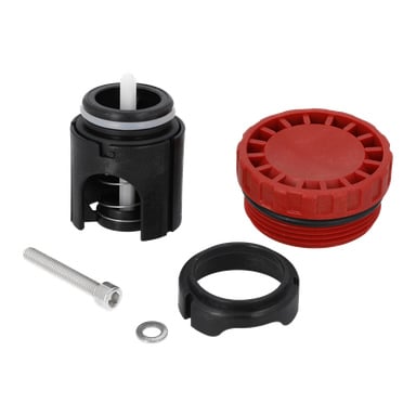 Valve-kitets hydroforpump har en svart cylindrisk del med vit stång, röd gängad lock, svart ring, metallbult och bricka.