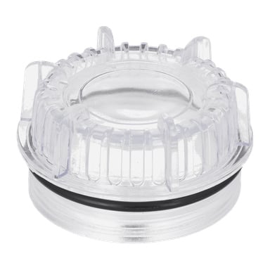En genomskinlig plastpump med "Cover hydrophore" med vertikala åsar, fyra stora flikar, ett platt centrum och en svart O-ring nära basen.