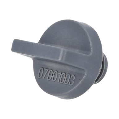Grå plastlock med en sidoflik och numret 07901003 präglat och fungerade som avloppsplugg för en hydroforpump.