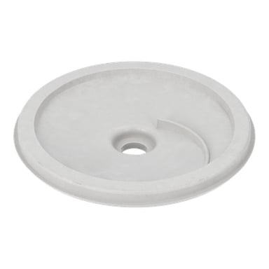 Pyöreä valkoinen tiivistelevy hydroforipumpulle, jossa on keskellä oleva reikä ja matala spiraalimainen ura, joka ulottuu ulospäin.