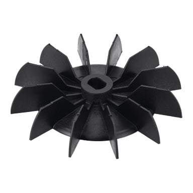 En svart plastimpeller på Fan hydrophore-pumpen visar flera böjda blad som strålar ut från en sexkantig centrerad nav.
