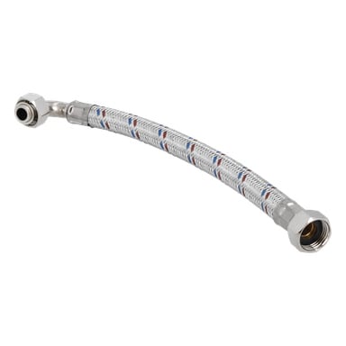 En flexibel metallflätad slang för VVS, med sexkantiga ändar, silverfinish och blå och röda markeringar.
