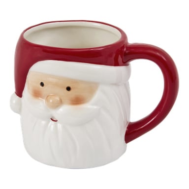 En tomteansiktsmugg med vitt skägg, rosiga kinder och en röd hatt som handtag. Muggen är tom.
