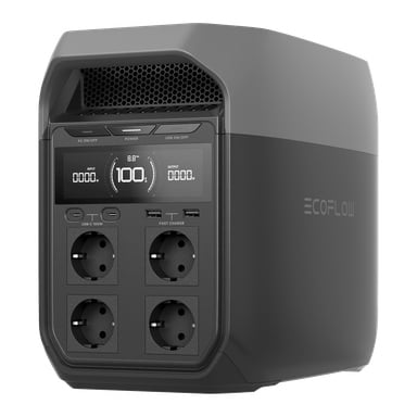 En svart EcoFlow portabel kraftstation med fyra europeiska uttag, en 100 % batteridisplay och knappar för AC och USB på framsidan.
