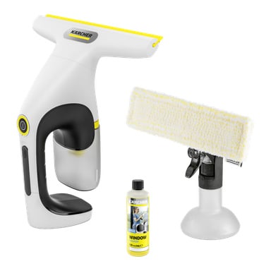 Karcher fönsterputsningskit med handhållen dammsugare, sprayflaska med mikrofiberplatta och fönsterputsningslösning.