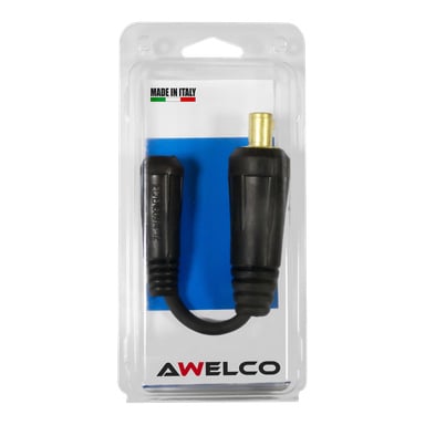 En svetsadapter med svart kropp och guldkontakt är förpackad i klar plast med märket "MADE IN ITALY" ovanför och "AWELCO" nedan.