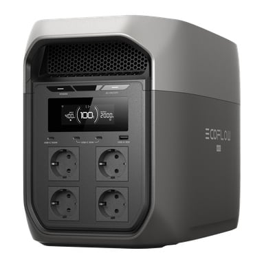 Grå EcoFlow portabel kraftstation med digital skärm, fyra EU-uttag, USB-portar och flera knappar framtill.