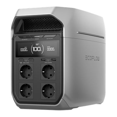 En silverfärgad ECOFLOW-portabel kraftstation med en digital skärm, fyra cirkulära uttag, flera knappar och USB-portar på framsidan.