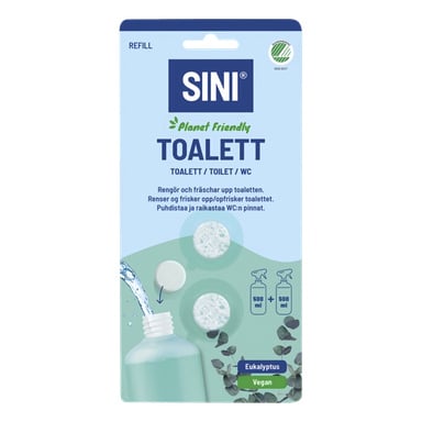 En blå og grønn SINI Planet Friendly toalettrens-påfylltablettpakke med to tabletter, en sprayflaske, eukalyptusblader og produkttekst.