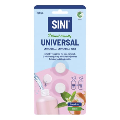 En klar sprayflaske med rosa væske står ved siden av en SINI Universal-boks som viser tre rosa tabletter, ikoner for oppløsning i vann, grapefrukt og vegansk.