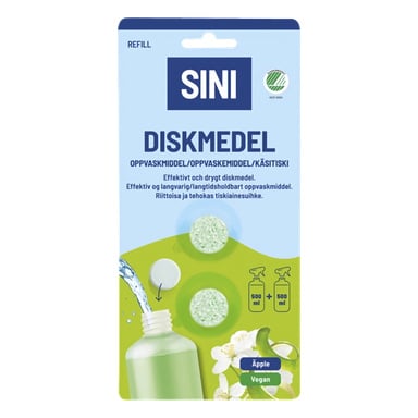 En SINI-pakke med oppvaskmiddel viser to grønne tabletter, instruksjoner, en helleflaske, epler og en vegansk etikett.
