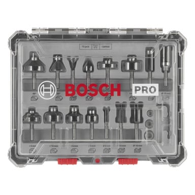 Ett genomskinligt fodral visar 15 Bosch Pro karbidfräsbitar, var och en i en plats. Locket visar Bosch-logotypen och produktinformation.