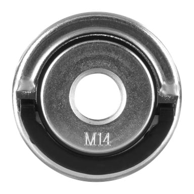 Detaljert visning av en EASYFIX RAKEF låsemutter med polert metallisk utseende, midthull, svart låsestykke og M14-merking.