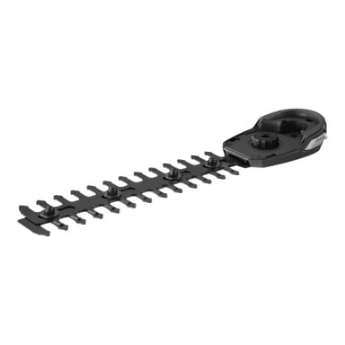 Svart RAC323 multitrimmerblad med sågade kanter och en plastände för att fästa på kompatibla elverktyg.