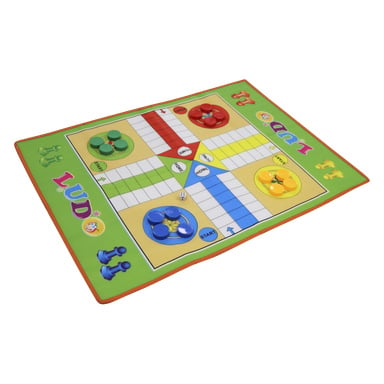 Ludo spillmatte med røde, grønne, gule og blå områder, matchende brikker, en enkelt terning på brettet, og "LUDO" på siden.
