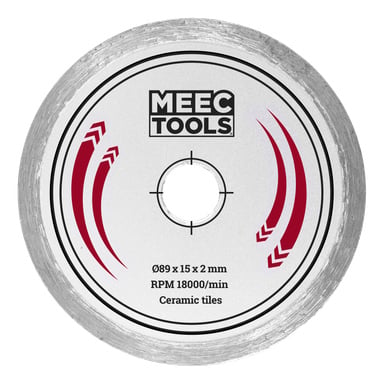MEEC TOOLS cirkelsågblad för keramiska plattor, 89 mm diameter, 15 mm borrning, 2 mm tjock, max 18000 varv per minut, röda pilar, silverkant.