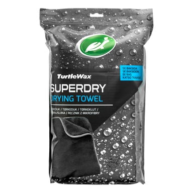 Ett paket med Turtle Wax SuperDry torkhandduk i svart och grå förpackning med vattendroppsgrafik och ett foto av handduken.