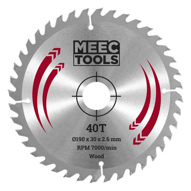 Ett 40-tandat cirkelsågblad märkt MEEC TOOLS, specifikationer Ø190 x 30 x 2,6 mm, 7000 RPM, med två röda grafiker på.