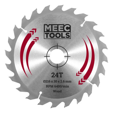 Cirkelsågsblad märkt MEEC TOOLS, med 24 tänder, röda detaljer och specifikationer: 216x30x2,6 mm, 6400 varv per minut, för träsågning.