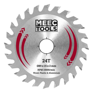 Kreissägeblatt, 24 Zähne, Meec Tools-Branding. Markiert Ø89 x 15 x 2 mm, maximale Drehzahl 15.000. Für Holz, Kunststoff, Aluminium. Rote Details.