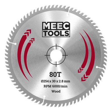 Cirkelsågblad märkt MEEC TOOLS, 80 tänder, 254 mm diameter, borrning 30 mm, max 6000 RPM. Tre röda böjda detaljer på bladet.