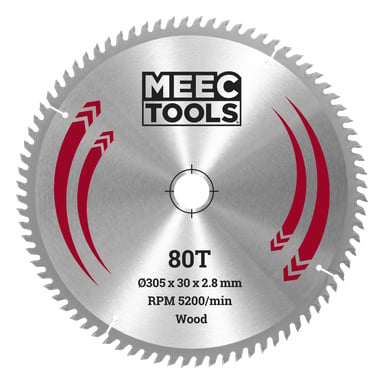 Ett MEEC TOOLS-cirkelsågblad med 80 tänder, 305x30x2,8 mm, för trä; röda detaljer och ett mitthål; Max 5200 RPM.