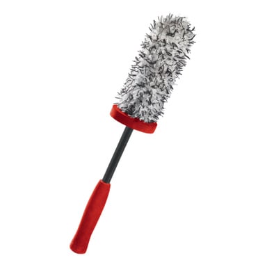 En cylindrisk mikrofiberdamm med svart handtag, rött grepp och ett fluffigt grått huvud med svarta toppar, gjord för att rengöra ytor.