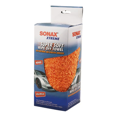 SONAX Xtreme Super Soft Wipe Off Towel i detaljhandelsförpackning, orange handduk synlig, boxnoter används för målning och känsliga ytor.