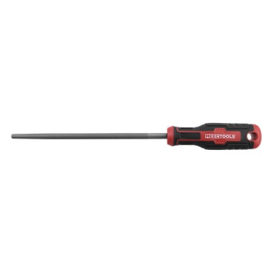 En rund metallhåndfil med et svart og rødt ergonomisk håndtak merket MEEETOOLS, med et hull i enden for oppheng.