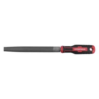 En metallfil med en texturerad yta, svart och rött plasthandtag samt MEETOOLS-märkning på handtaget.