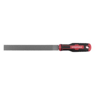 En platt metallhandrasp har en texturerad yta och ett ergonomiskt svart och rött handtag märkt MEETOOLS.
