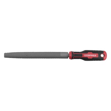 En grov, rund metallfil med en grå yta och ett svart och rött handtag märkt MEEC TOOLS.