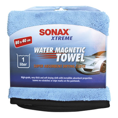 SONAX XTREME vattenmagnetisk handdukspåse med blå 80x40 cm handduk, rymmer 1 liter; Etiketten visar en vit sportbil och absorberande påståenden.