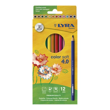 En låda med LYRA Germany Color Soft 4.0 färgpennor med 12 synliga genom ett cirkulärt fönster, i gul förpackning med blommönster och produktdetaljer.