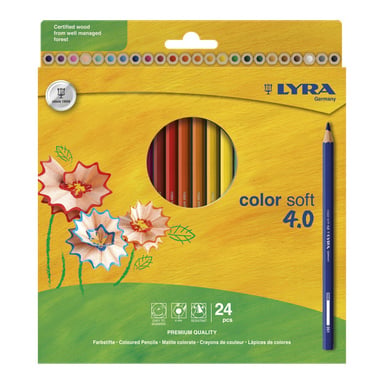 En låda med LYRA Germany Color Soft 4.0 färgpennor, som visar 24 pennor genom ett fönster på en gul låda med blommor och detaljer.