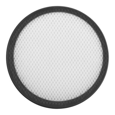 Et top-down-bilde av RAVACHF HEPA-filteret for oppreiste støvsugere, som viser den runde hvite overflaten med svart ytterkant og et sekskantet bikakedesign.