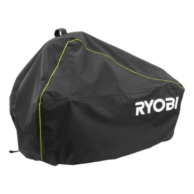 Svart snöslungeskydd med gul kant, "RYOBI" i vitt på sidan, plus en övre ögla och nedre dragsko för säker passform.