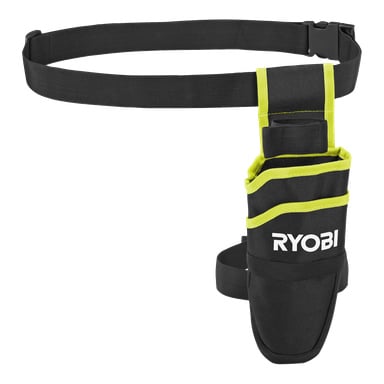 Ett Ryobi RAC316 sekatörhölster i svart och neongult, med flera fickor och ett justerbart bälte med plastspänne.