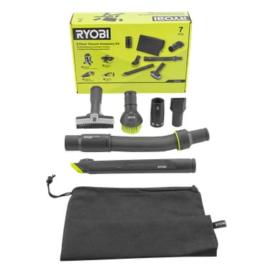 RAKVA04 dammsugarset med 6 delar: slang, borste, munstycke, adapter, veckverktyg, förvaringspåse; Förpackningen visar produktinformation.