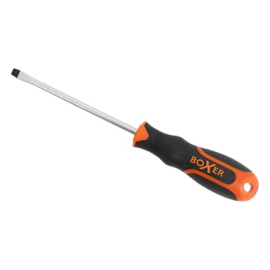 En platt skruvmejsel med svart och orange handtag märkt BOXER och ett metallskaft.