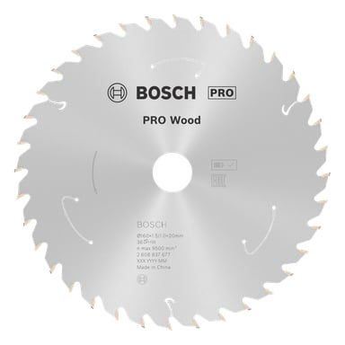 Hopeinen pyörösahan terä, jossa on 24 hammasta, BOSCH PRO Wood -brändäys ja kaiverretut yksityiskohdat, joissa näkyy koko, nopeus ja tekniset tiedot.