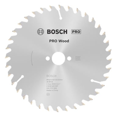 Ett bosch pro Wood cirkelsågsblad med vassa, enhetliga tänder och olika specifikationer och logotyper markerade på dess metallyta.