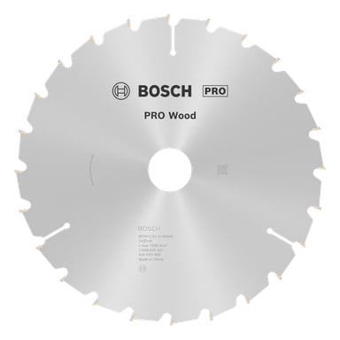 Ett silverfärgat Bosch PRO träcirkelsågsblad med enhetliga tänder, ett centralt hål och ytlogotyper med produktdetaljer.