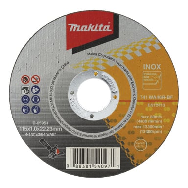 Makita INOX skärskiva visar storlek (115 x 1,0 x 22,23 mm), maxhastighet (80 m/s, 13 300 varv/min) och streckkoder.