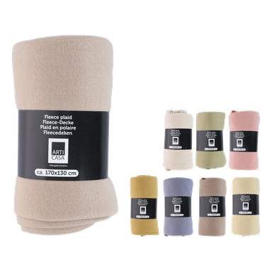 Sju rullade fleecefiltar med svarta etiketter i beige, gult, grönt, rosa, senaps, grått, mörkgrönt och blått; Storlek 170x130 cm.